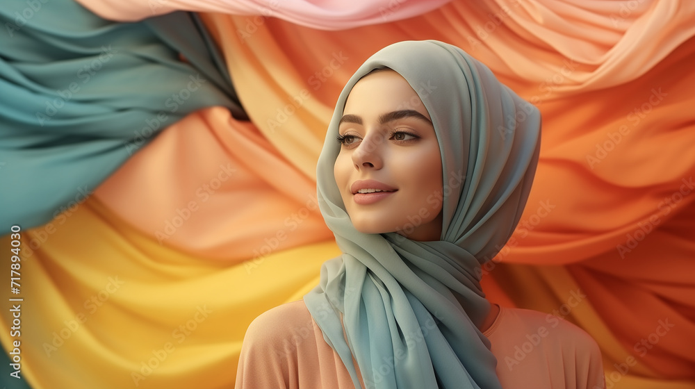 Fashion portraiture of young beautiful muslim woman wearing hijab. Image contain certain grain or noise and soft focus