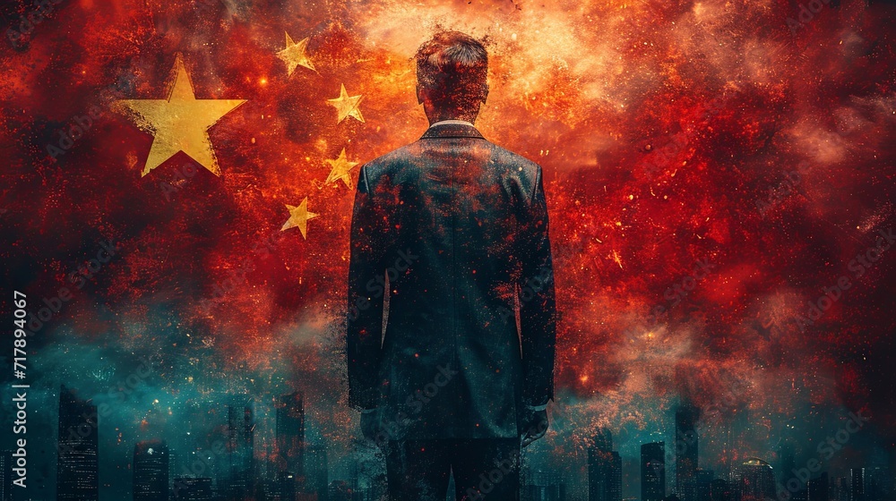 Rear view of a businessman standing with his back to the camera and looking at chinese city. The flag of China in the background. Rear view of a businessman standing with his back to the camera and looking at chinese city. The flag of China in the background.