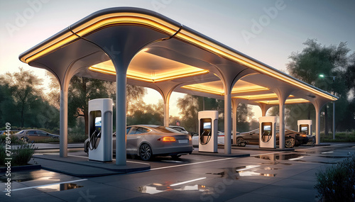 EV charging station with multiple charging canopies. Clean and contemporary. Generative AI.
