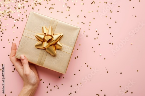 Valentine's day Top view of hands holding a gift box with a gold ribbon on a soft pink background, adorned with scattered golden star confetti. Ai generate