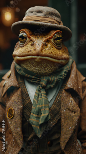 Dapper toad hops through city streets in tailored splendor, epitomizing street style. The realistic urban setting captures this amphibian's charm, seamlessly merging swamp allure with contemporary fas