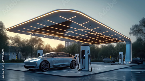 Large car charging station and charged under the canopy, Electric Vehicle Charging Station. Generative AI. © visoot