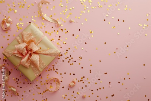 Valentine's day Top view of hands holding a gift box with a gold ribbon on a soft pink background, adorned with scattered golden star confetti. Ai generate © qntn