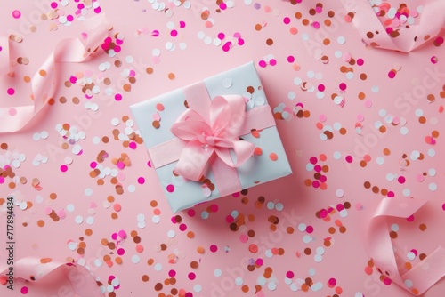 Valentine s day Top view of hands holding a gift box with a gold ribbon on a soft pink background  adorned with scattered golden star confetti. Ai generate