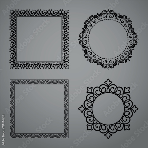 Set of decorative frames Elegant vector element for design in Eastern style, place for text. Floral black and gray borders. Lace illustration for invitations and greeting cards.