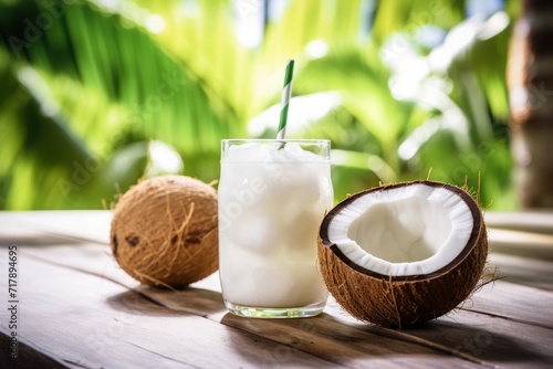 Sipping on a Refreshing Coconut Lemonade Surrounded by Fresh Lemons and Coconuts on a Sunny Seaside Day