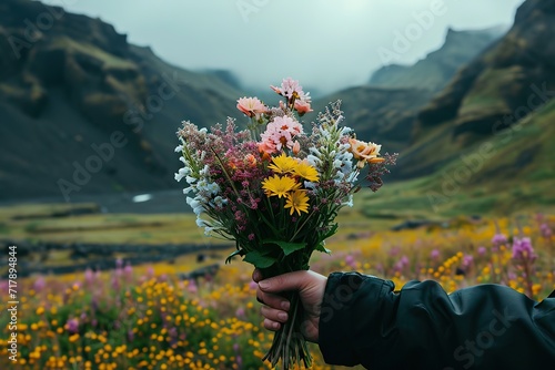holding flowers in flower mountain background