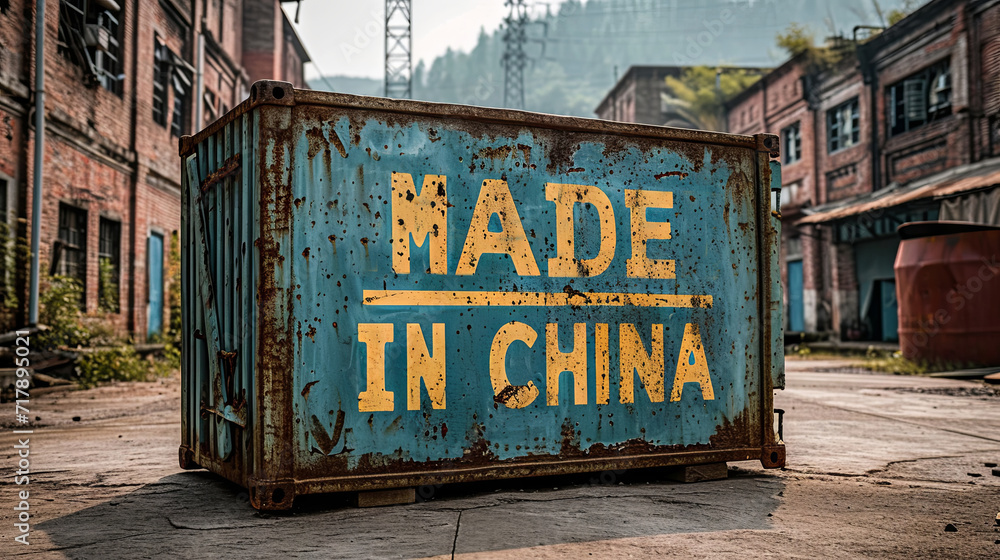 Abandoned factory with old rusty metal container and text Made in China