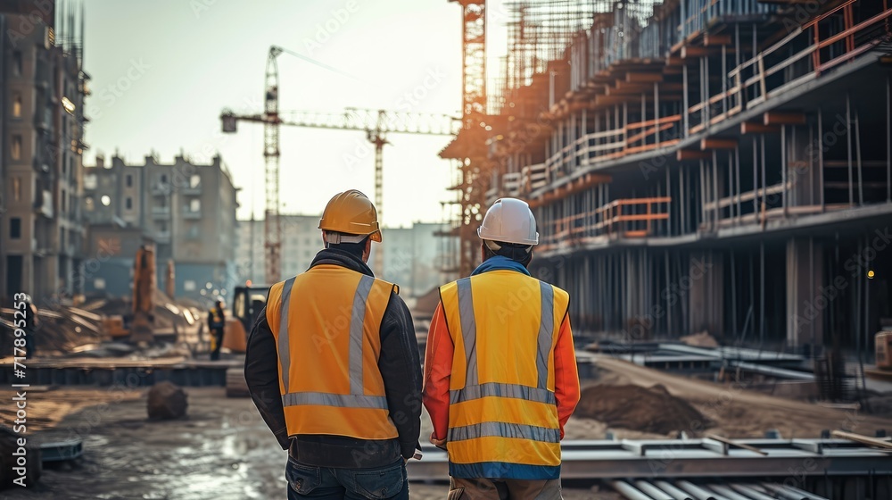 Project construction engineer and foreman in a construction site, rear view. Generative AI.