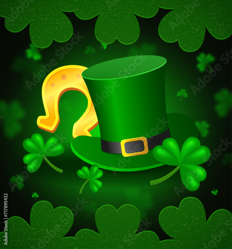 Vector illustration Happy St Patricks day background with clovers, horseshoe and Leprechaun Top Hat for design