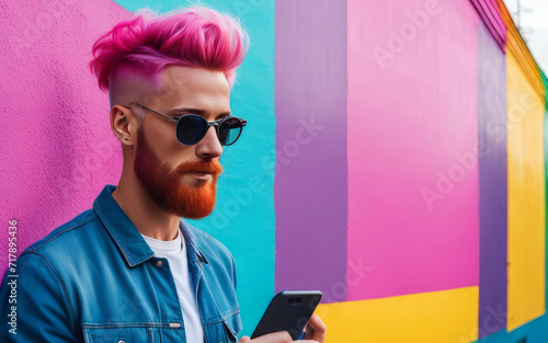 Hipster guy with pink hair uses a smartphone against a multicolored street wall. Summer concept. The style of Generation Z.