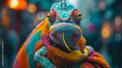 Chic chameleon blends into cityscape in tailored elegance, embodying street style. The realistic urban backdrop captures the reptilian charm seamlessly merged with contemporary fashion allure, creatin © Дмитрий Симаков