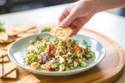 hand scooping chickpea salad with pita chip