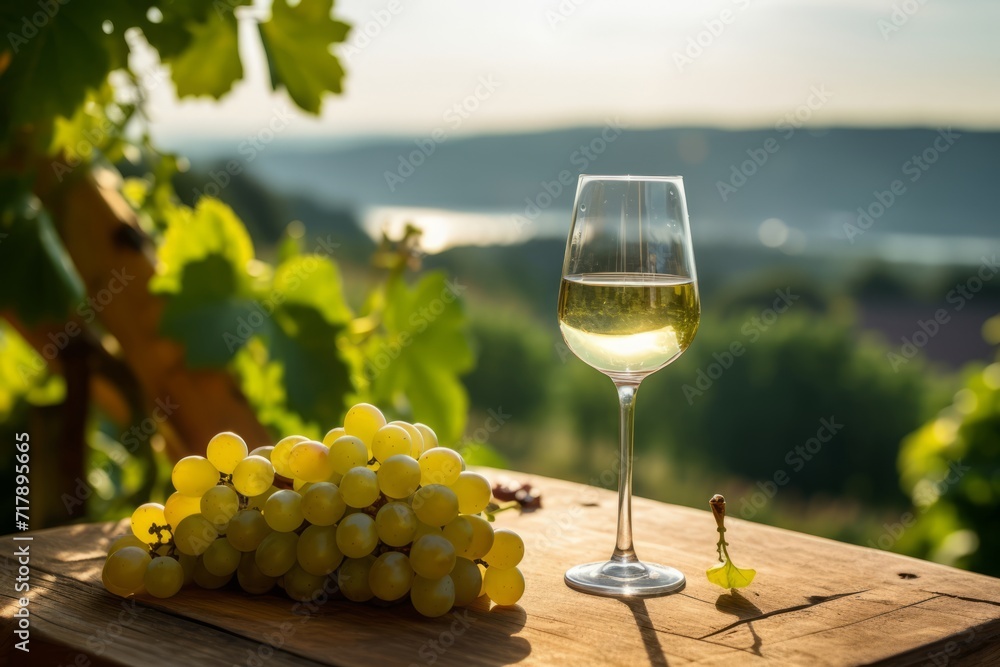 Experience the taste of summer with a chilled Riesling on a rustic table in a beautiful vineyard