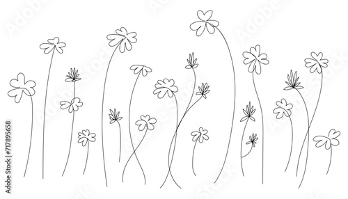 Set of abstract different flowers and leaves clover drawn by one line. Sketch branches. Continuous line drawing botanical art. Beauty vector illustration.