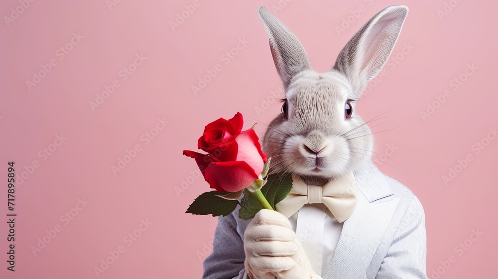 Rabbit holding rose in love on pink background. Valentine's day-wedding ...