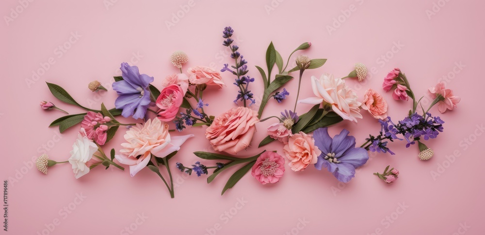 Valentine's day A delicate arrangement of pink and white spring flowers borders the left edge of a soft pink background, providing a fresh and serene space for messages. Ai generate Valentine's day A delicate arrangement of pink and white spring flowers borders the left edge of a soft pink background, providing a fresh and serene space for messages. Ai generate