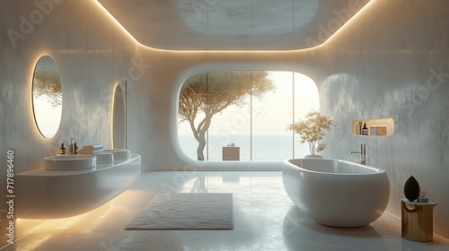 An elegant and contemporary bathroom with a futuristic twist with characteristic double-ceiling. Generative AI. photo