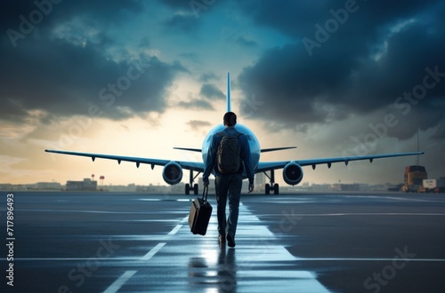 Airplane on the runway. A group of people with suitcases board a plane. The concept of travel, flight, vacation, work trips. Flight at sunset.