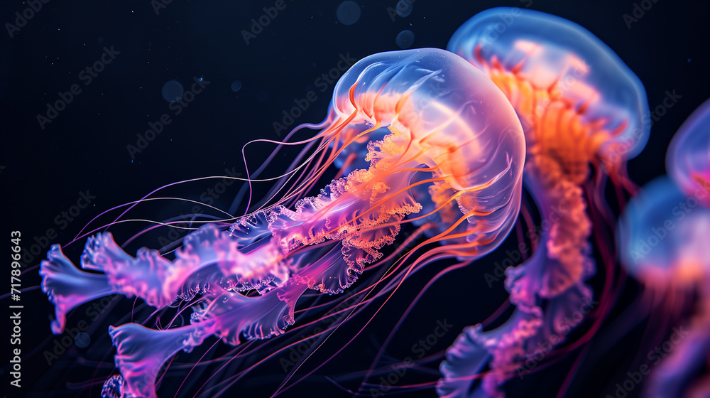 Fluorescent purple glow jellyfish swims gracefully underwater
Fluorescent purple glow jellyfish swims gracefully underwater