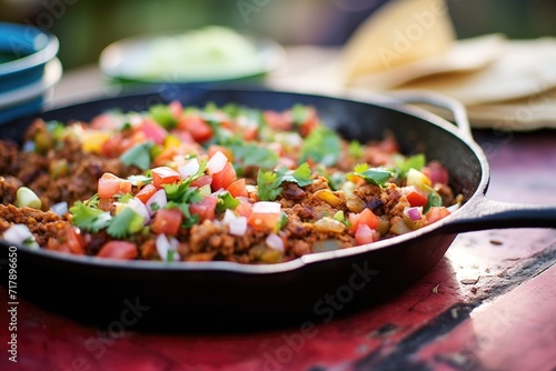 sizzling chorizo taco meat on a hot skillet