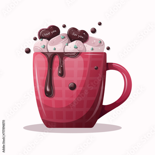 Love cocoa with marshmallows and chocolate. Appetizing dessert with hearts. Vector illustration for Valentine's Day. Gradient, shadows, pink and mint color.