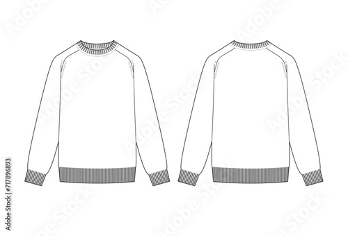 Vector fashion technical drawing of a crew neck sweater with front and back view. Ribbing details at sleeve cuff and bottom opening. Knit fabric.