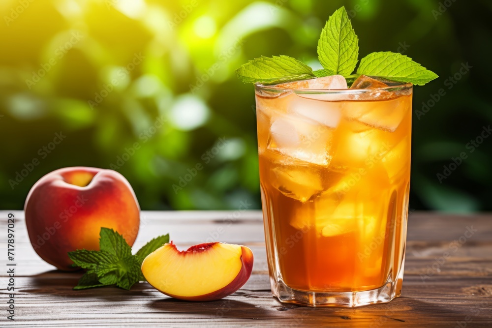 Fototapeta premium Close-up shot of an invigorating glass of ginger peach iced tea on a hot summer day