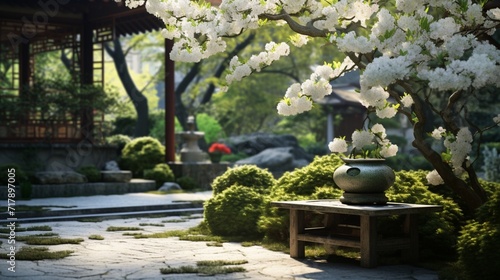 japanese garden with flowers and garden