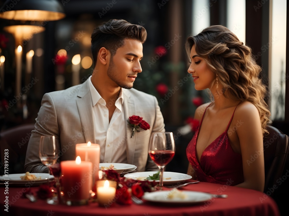 Attractive young woman in dress and handsome man in suit are having romantic dinner. Celebrating Saint Valentine's Day. Generative AI
