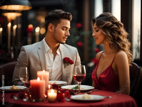 Attractive young woman in dress and handsome man in suit are having romantic dinner. Celebrating Saint Valentine s Day. Generative AI