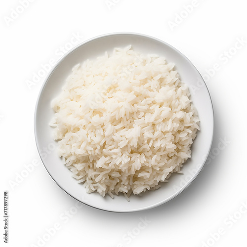 Essential Stovetop Rice is in the top view on a plate isolated on a white background