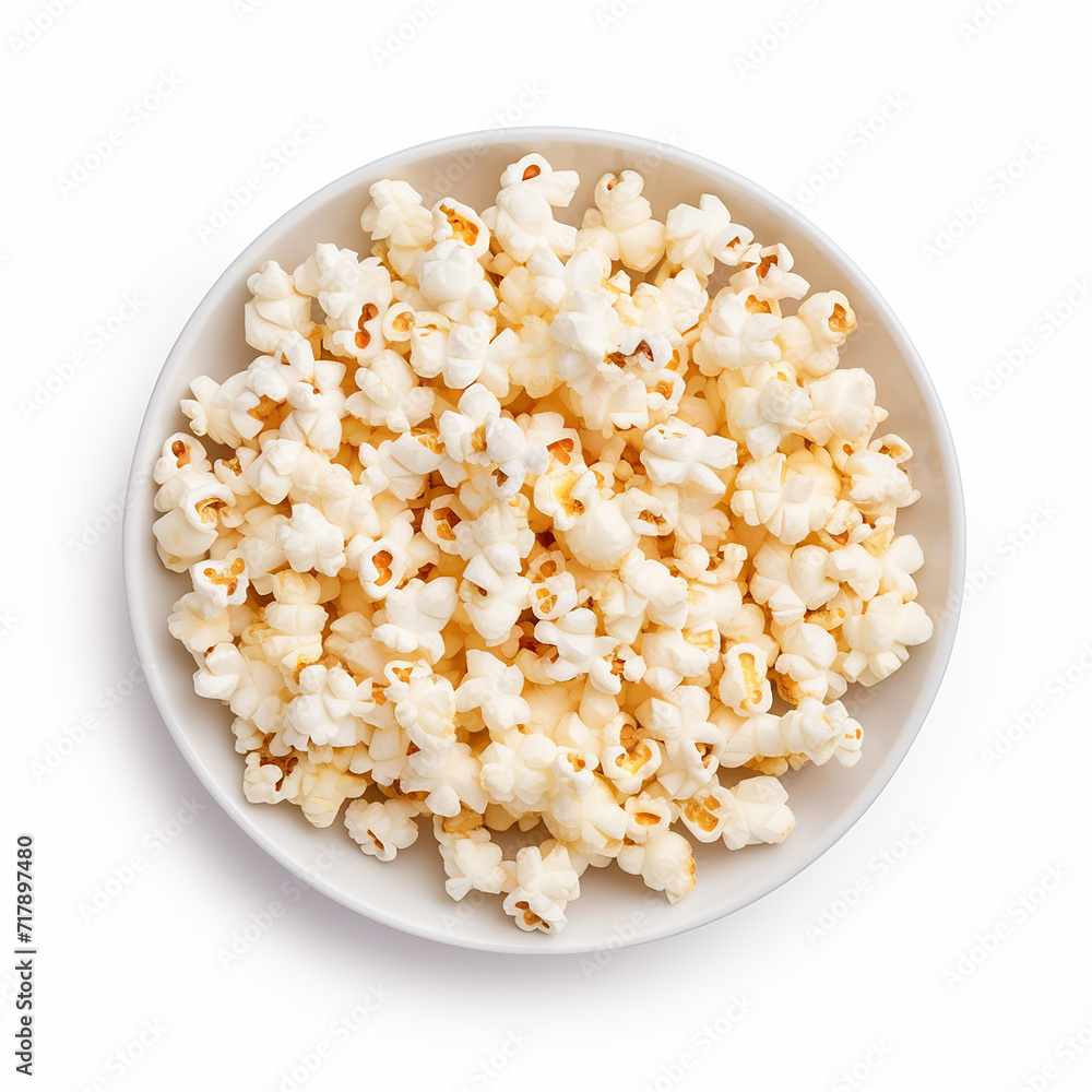 Popcorn on a plate isolated on a white background is in the top view Popcorn on a plate isolated on a white background is in the top view