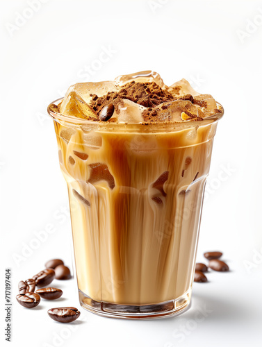 Iced latte coffee with whipped cream on isolated white background 