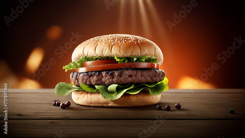 fresh prime chick patty angus or wagyu beef burger sandwich with flying ingredients and spices hot ready to serve and eat food commercial advertisement menu banner with copy space area photo