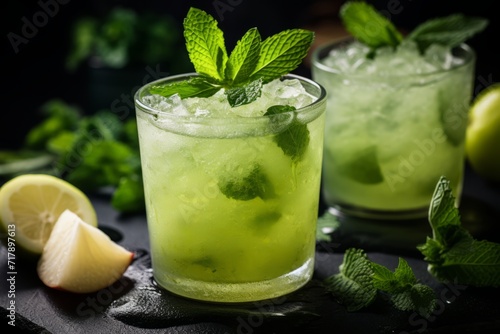 A tantalizing close-up of an icy Apple Mint Cooler drink with fresh garnishes perfect for quenching thirst