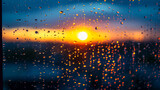 Raindrops create a rhythmic dance on a sunlit window, casting a soft glow on the world outside, blending urban life with the soothing melody of rainfall