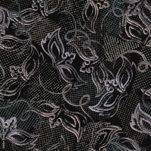Seamless gray camouflage pattern with random scattered carnival masks, overlapping tulle pieces. Random composition. For apparel, fabric, textile, sport goods Grunge texture