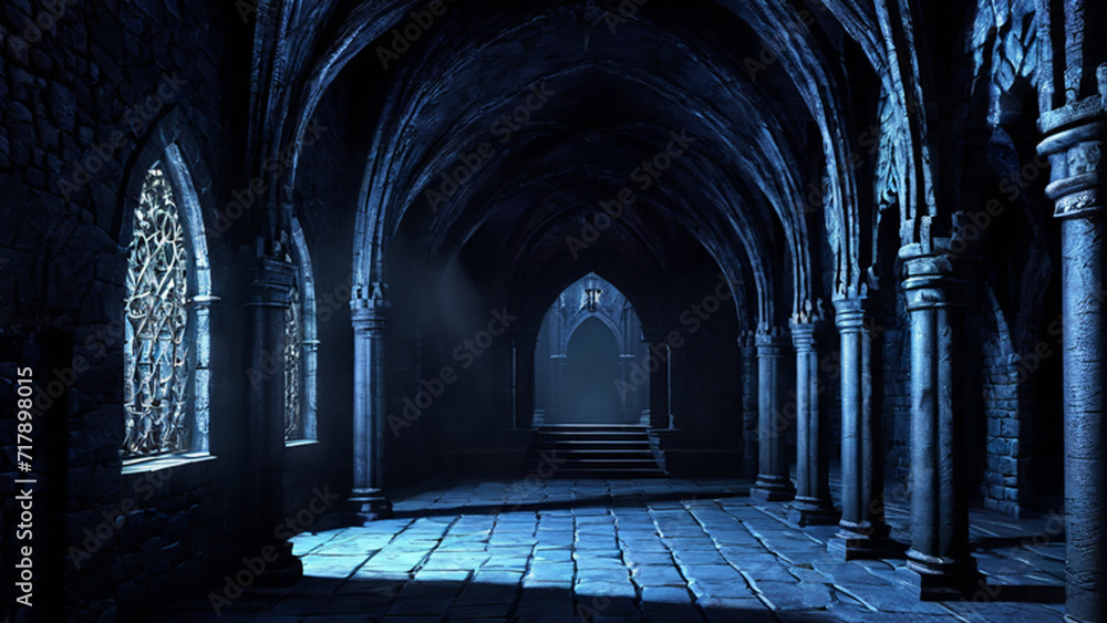 Castle dungeon, Gothic setting with candles, dark and creepy background, fantasy game. Generative AI, Generative, AI