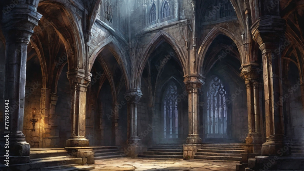Obraz premium Castle dungeon, Gothic setting with candles, dark and creepy background, fantasy game. Generative AI, Generative, AI