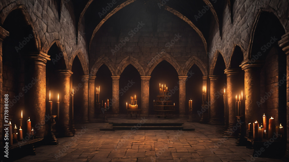Obraz premium Castle dungeon, Gothic setting with candles, dark and creepy background, fantasy game. Generative AI, Generative, AI