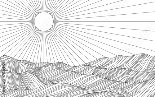 Abstract background with wavy lines and circles. Black and white illustration of mountains. Landscape with sun rays.