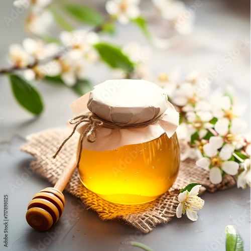 Jar of honey with flowers of acacia and dipper on light background.