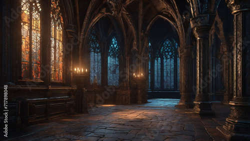 Castle dungeon, Gothic setting with candles, dark and creepy background, fantasy game. Generative AI, Generative, AI