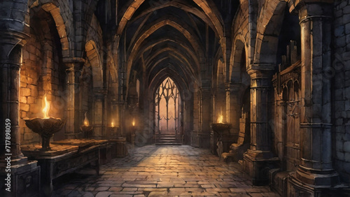 Castle dungeon, Gothic setting with candles, dark and creepy background, fantasy game. Generative AI, Generative, AI photo