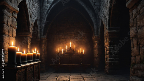 Castle dungeon  Gothic setting with candles  dark and creepy background  fantasy game. Generative AI  Generative  AI