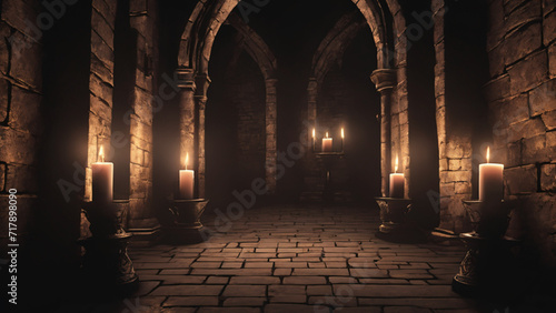 Castle dungeon, Gothic setting with candles, dark and creepy background, fantasy game. Generative AI, Generative, AI