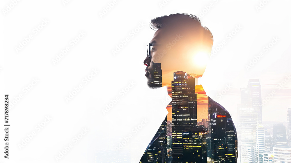City skyline serves as backdrop for businessman, double-exposed, free copy space City skyline serves as backdrop for businessman, double-exposed, free copy space