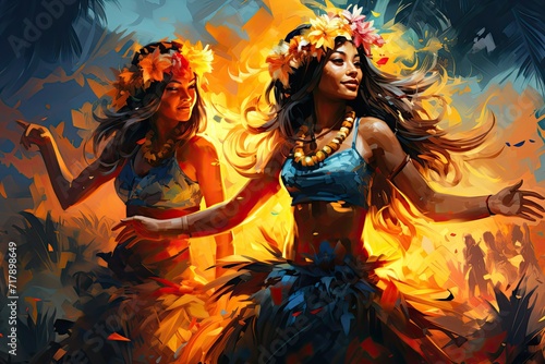 two hula dancers in tropical color, photo