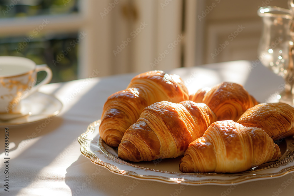 Freshly baked croissants arranged on an elegant plate in a traditional French house. Background image. Created with Generative AI technology Freshly baked croissants arranged on an elegant plate in a traditional French house. Background image. Created with Generative AI technology
